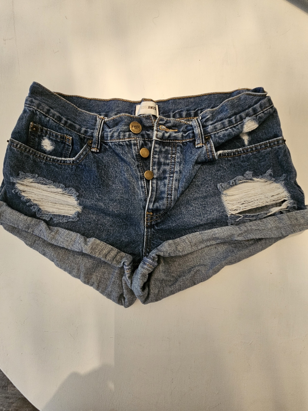 Amuse Society button-Front Distressed Denim Jean Shorts in Blue